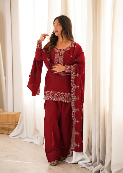 Lorenvalley Fashion Maroon Glass Roman Silk with Embroidery Sequence and Jari Work Kurta Farshi Salwar with Dupatta