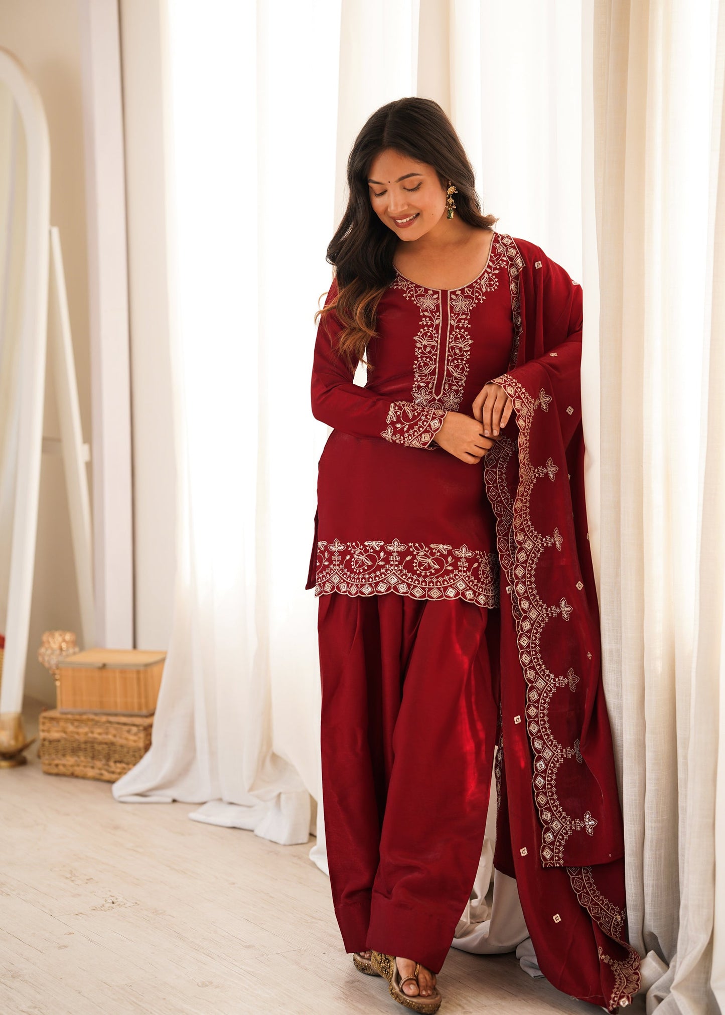 Lorenvalley Fashion Maroon Glass Roman Silk with Embroidery Sequence and Jari Work Kurta Farshi Salwar with Dupatta