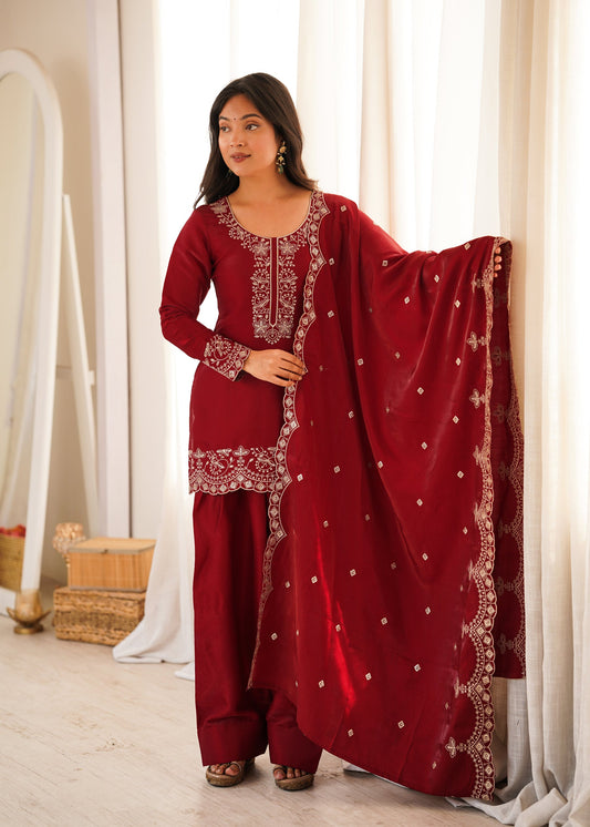 Lorenvalley Fashion Maroon Glass Roman Silk with Embroidery Sequence and Jari Work Kurta Farshi Salwar with Dupatta
