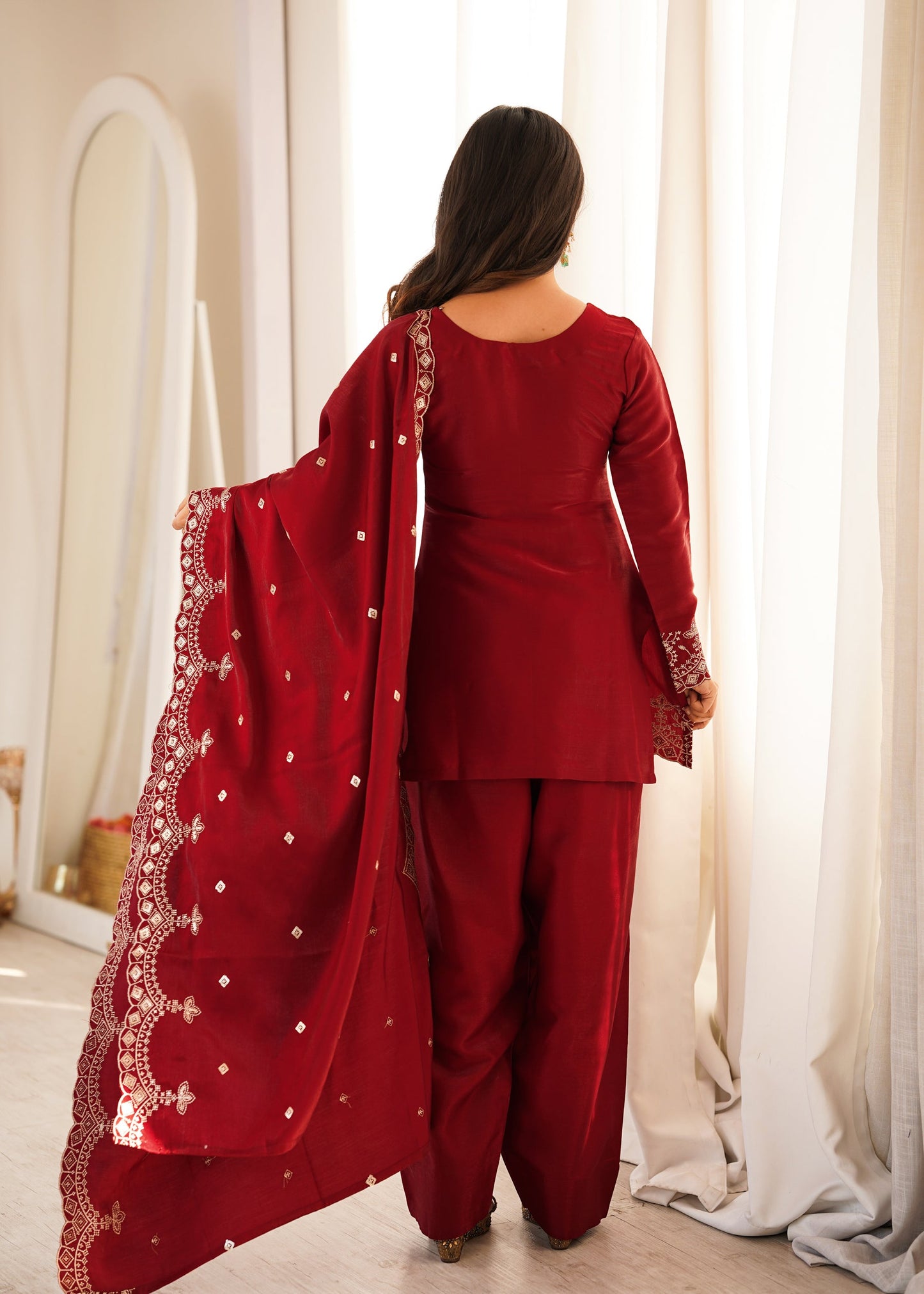 Lorenvalley Fashion Maroon Glass Roman Silk with Embroidery Sequence and Jari Work Kurta Farshi Salwar with Dupatta