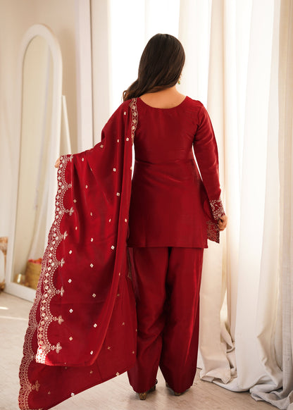 Lorenvalley Fashion Maroon Glass Roman Silk with Embroidery Sequence and Jari Work Kurta Farshi Salwar with Dupatta