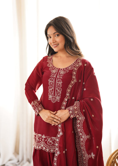 Lorenvalley Fashion Maroon Glass Roman Silk with Embroidery Sequence and Jari Work Kurta Farshi Salwar with Dupatta