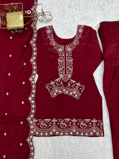 Lorenvalley Fashion Maroon Glass Roman Silk with Embroidery Sequence and Jari Work Kurta Farshi Salwar with Dupatta