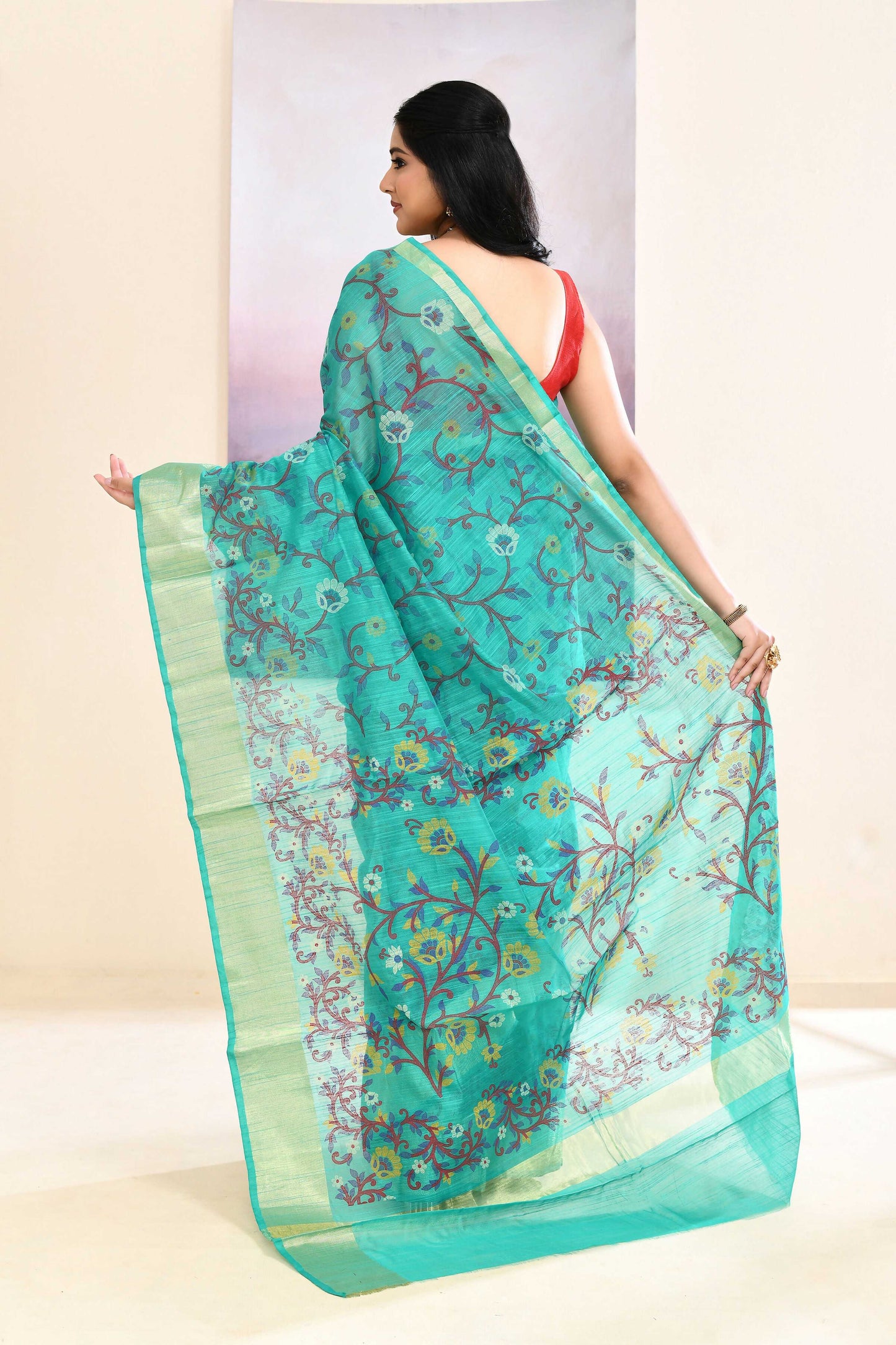 Piyari Fashion Women's Turquoise Embellished Cotton Blend Printed Saree