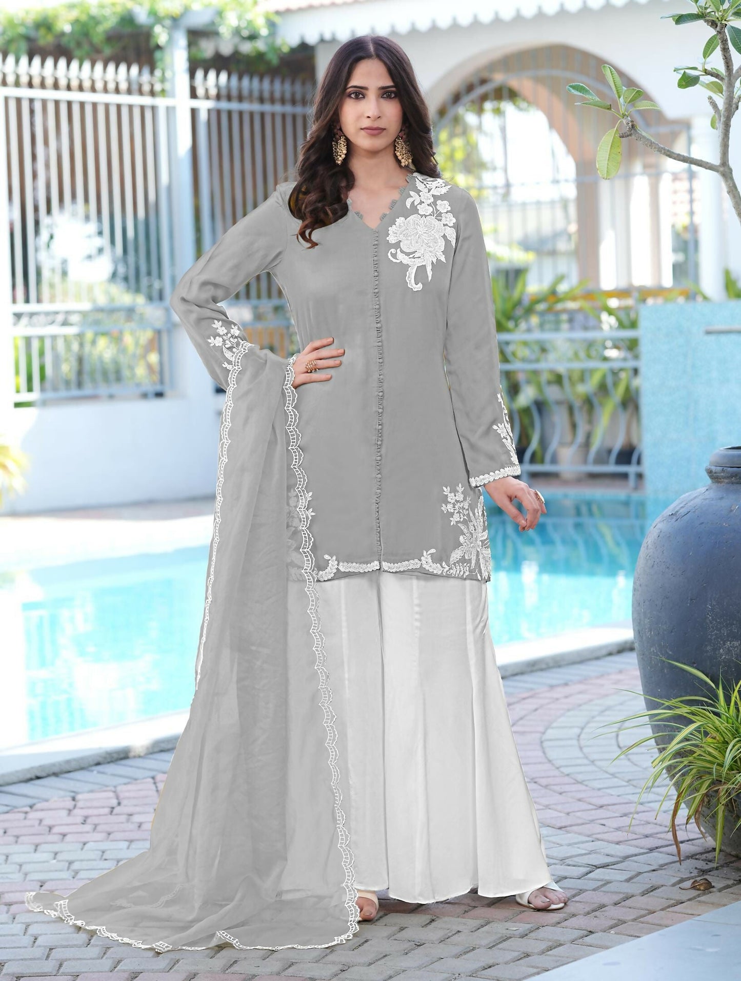 Nikhaar Grey Embroidered Modal Silk Stitched Straight Cut Kurta Kalidar Palazzo Dupatta Readymade Suit