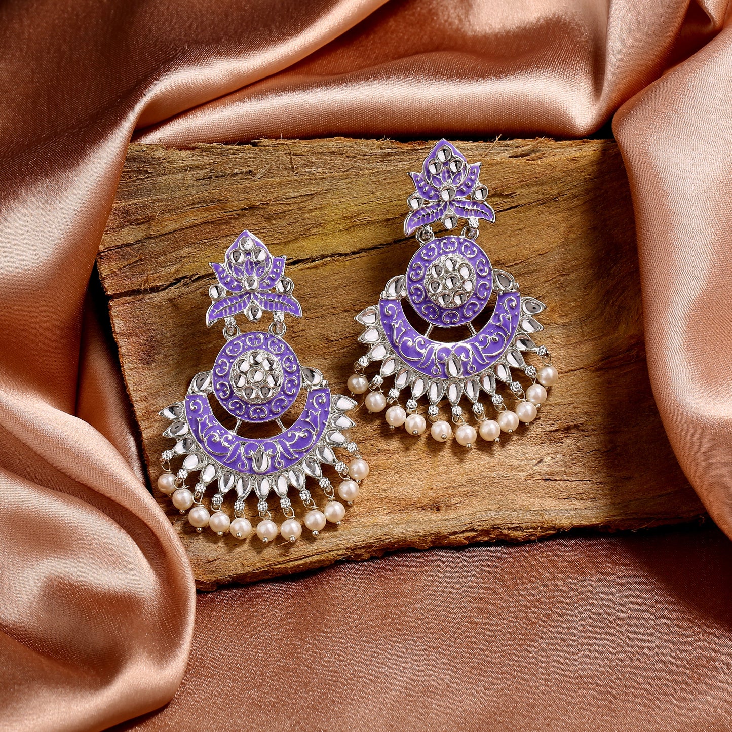 Estele Rhodium Plated Magnificent Traditional Violet Meenakari Drop Earrings with Pearl for Women