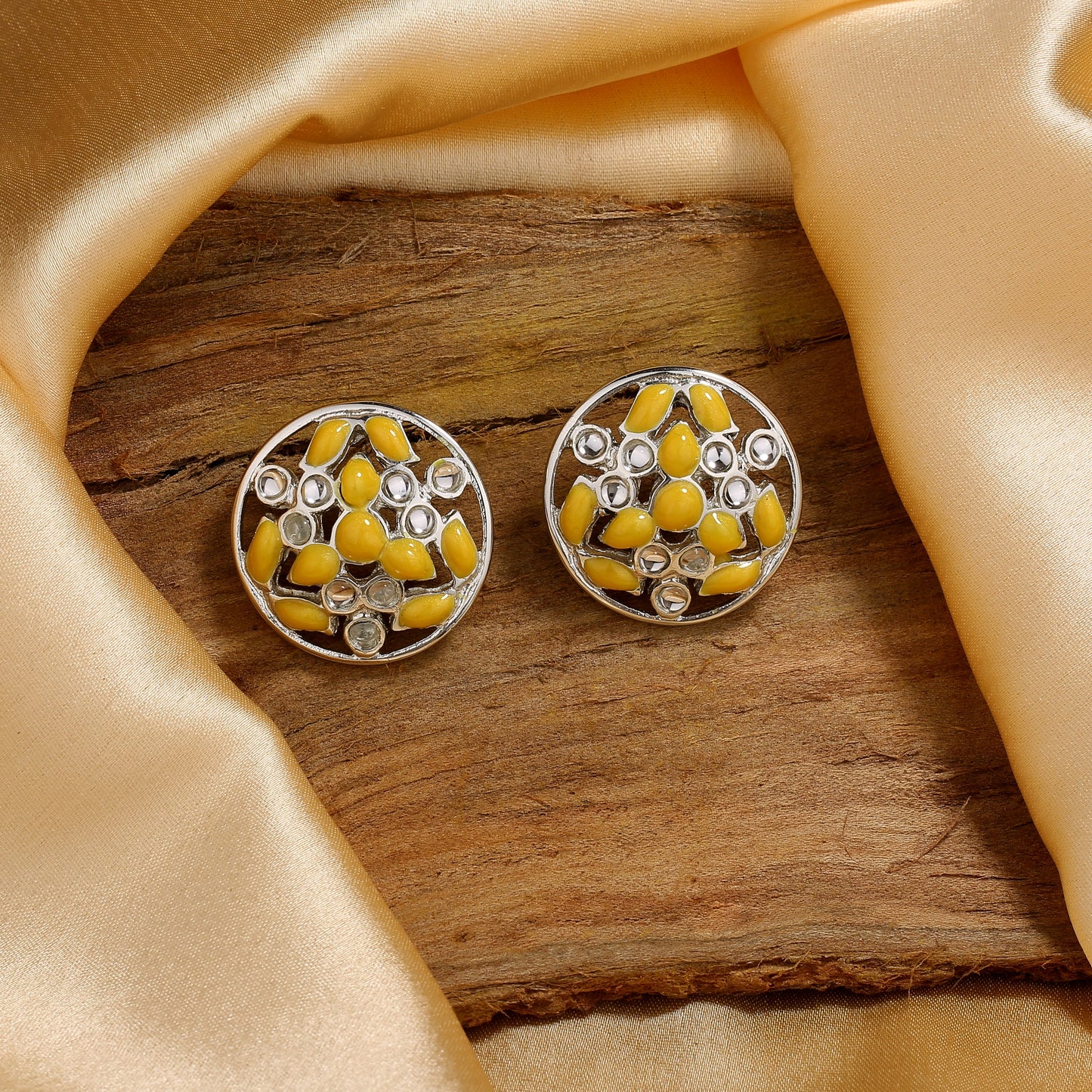 Estele Rhodium Plated Dazzling Meenakari Kundan Stud Earrings with Yellow Enamel for Women