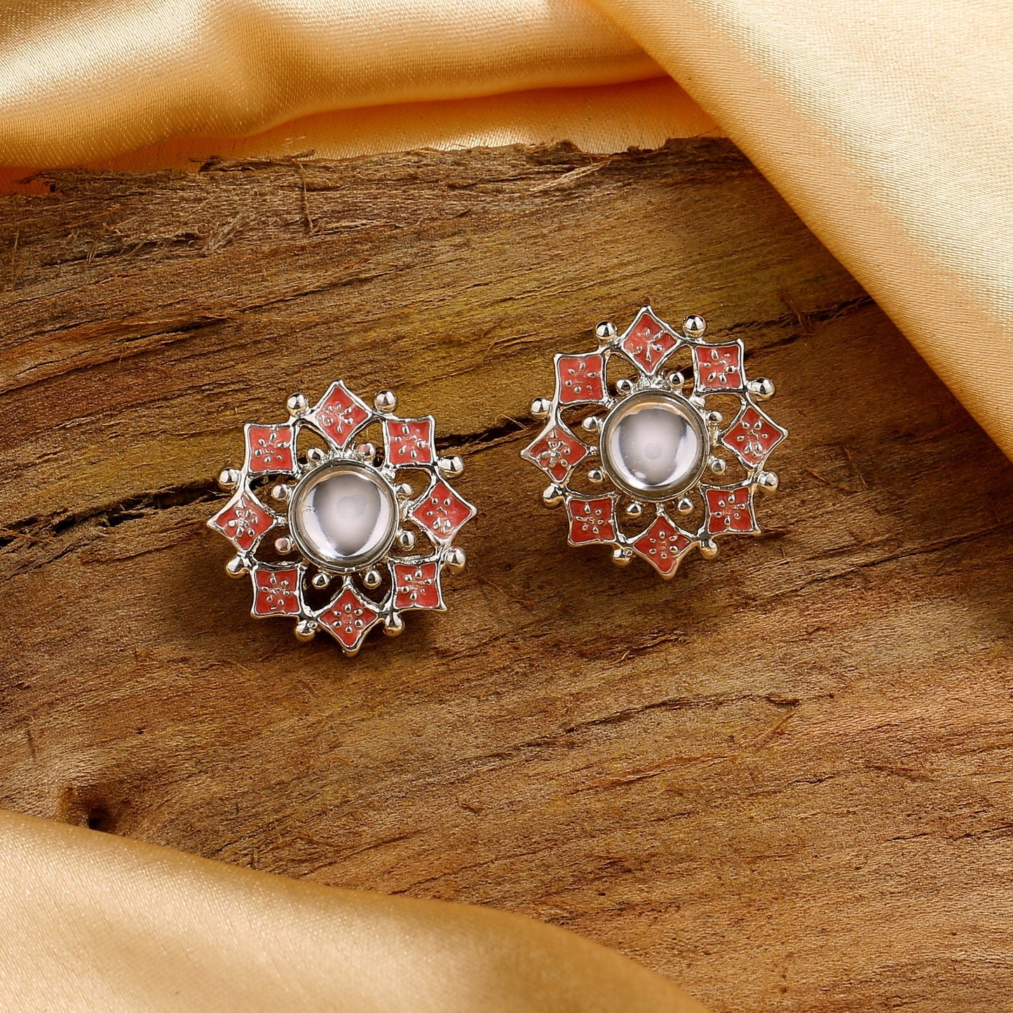 Estele Rhodium Plated Gorgeous Pink Meenakari Kundan Stud Earrings for Women