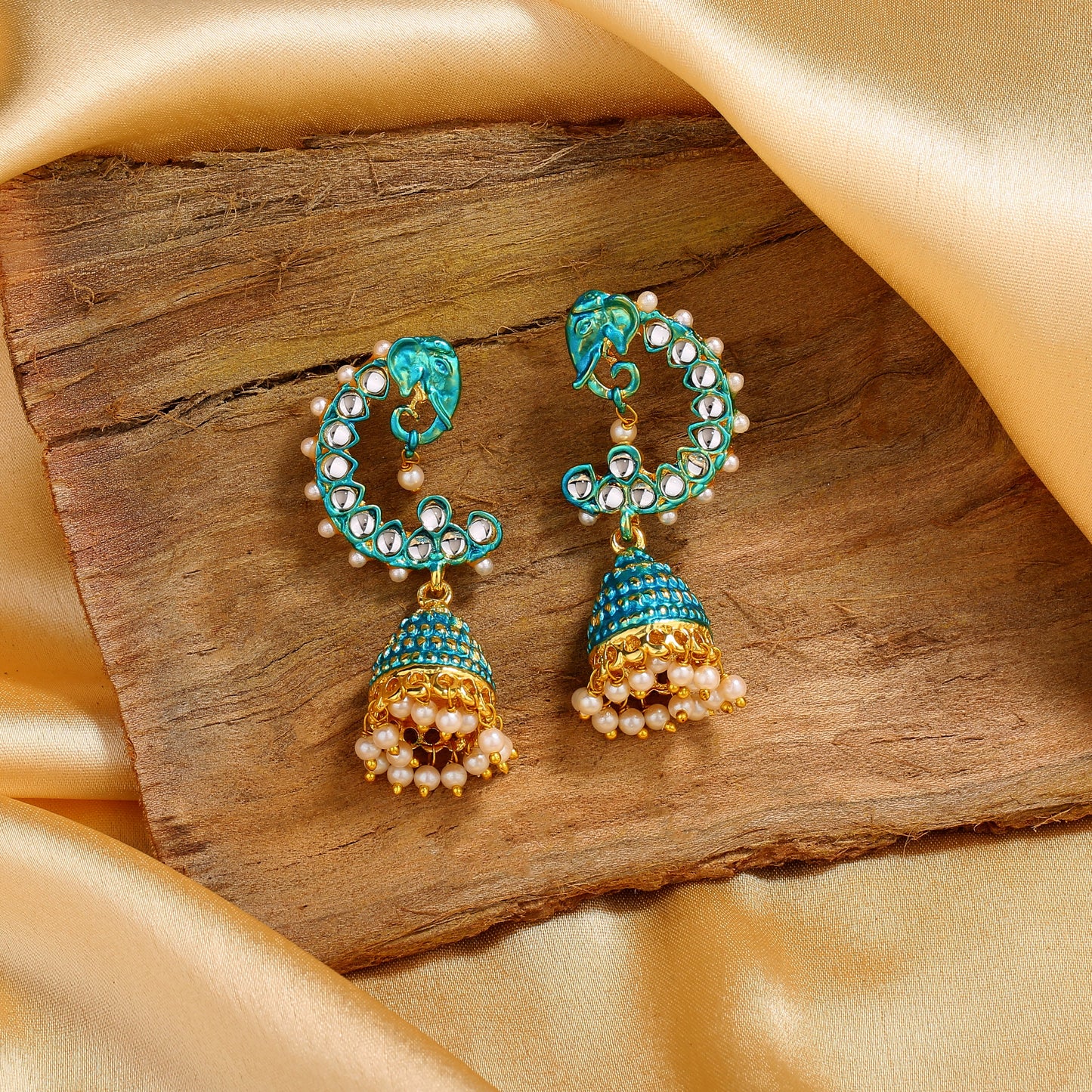 Estele Gold Plated Traditional Elephant Designer Meenakari Jhumka Earrings with Blue Enamel for Women