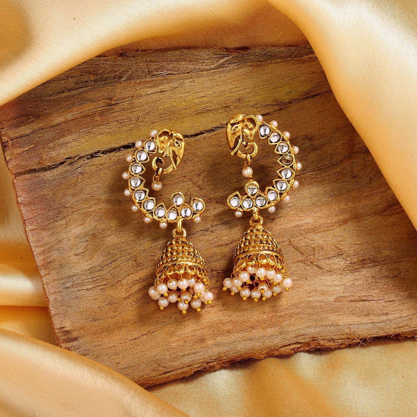 Estele Gold Plated Traditional White Kundan Adorned Elephant Designer Jhumka Earrings for Girls and Women