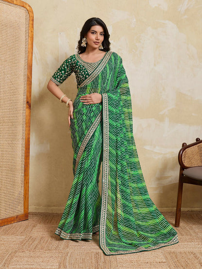 Teeya Creation New Trendy Leheriya Bandhani Georgette Saree For Daily Wear -Green