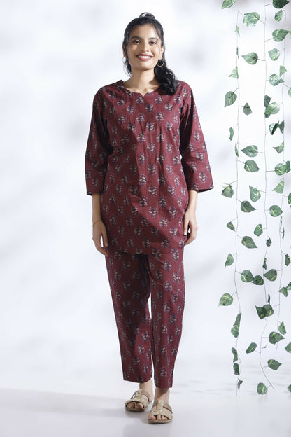 Breathables Butta Print Cotton Co-Ord Set  Wine