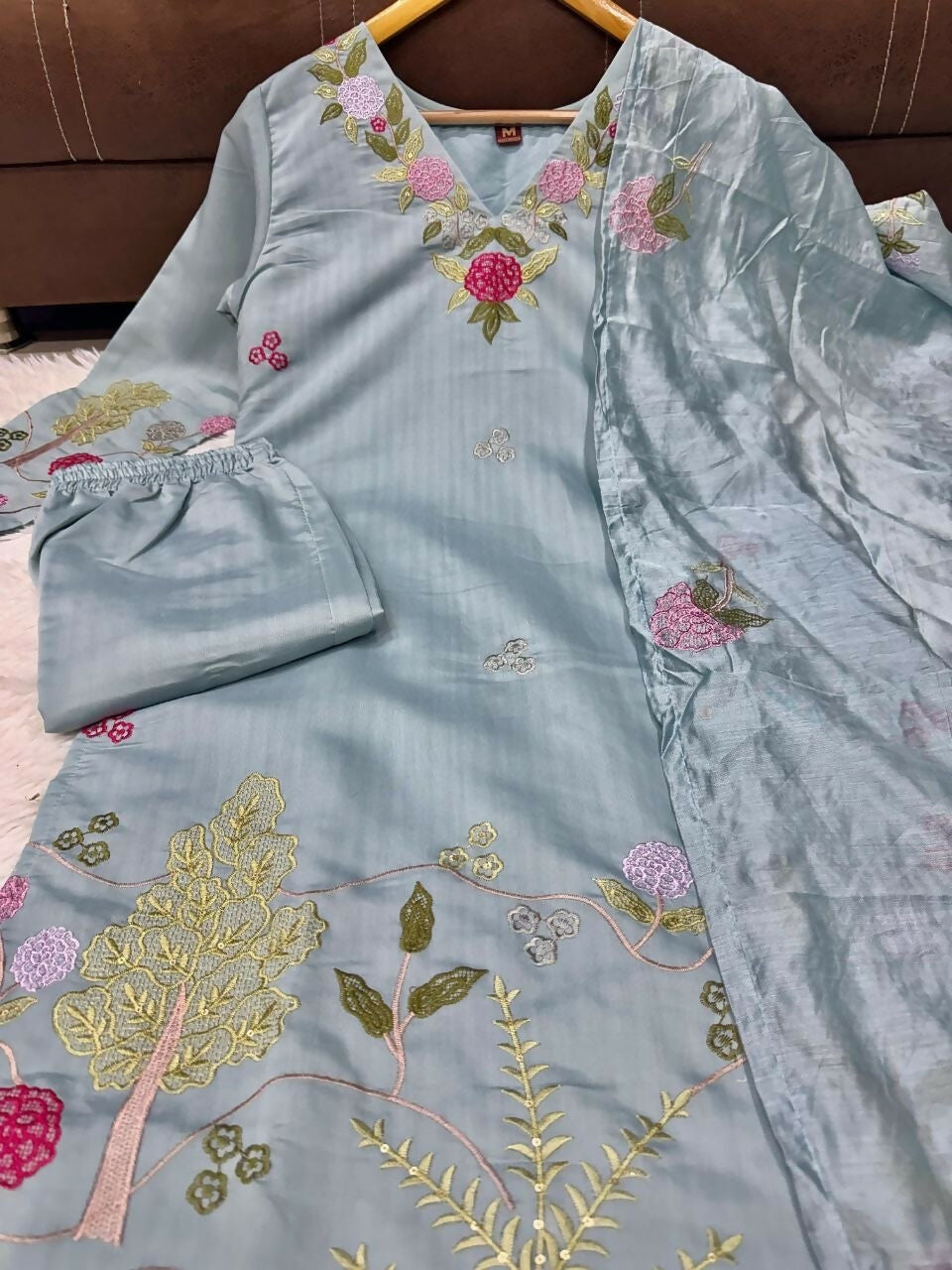 Teeya Creation Elegant Pastel Grey-Green Embroidered Straight Suit Set With Dupatta For Festivals Weddings