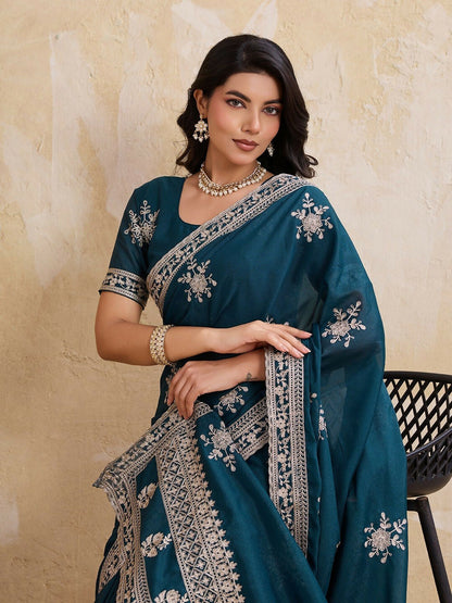 Teeya Creation Womens New Latest Party Wear Soft Georgette Saree-Teal