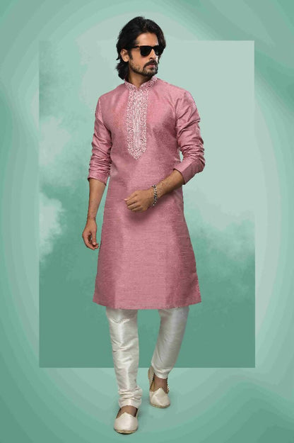 Raivat Ethnic Art Silk Mirror Embroidery Work Kurta Pajama In Pink Colour