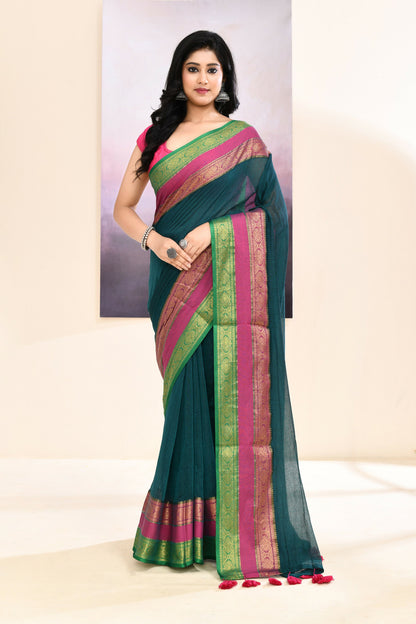 Piyari Fashion Women's Teal Embellished Zari Border Cotton Saree