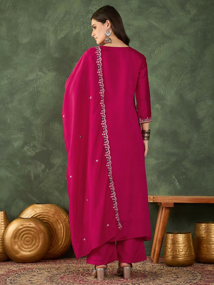 The52 Women's Gorgeous Embroidery Work Vichitra SIlk Fabric Flared Kurta Pant and Dupatta Set