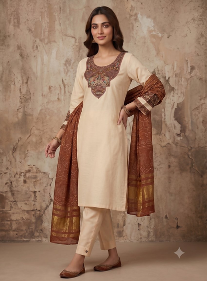 Teeya Creation Women Cream Embroidered Straight Kurta With Rust Bandhani Dupatta And Pant Set