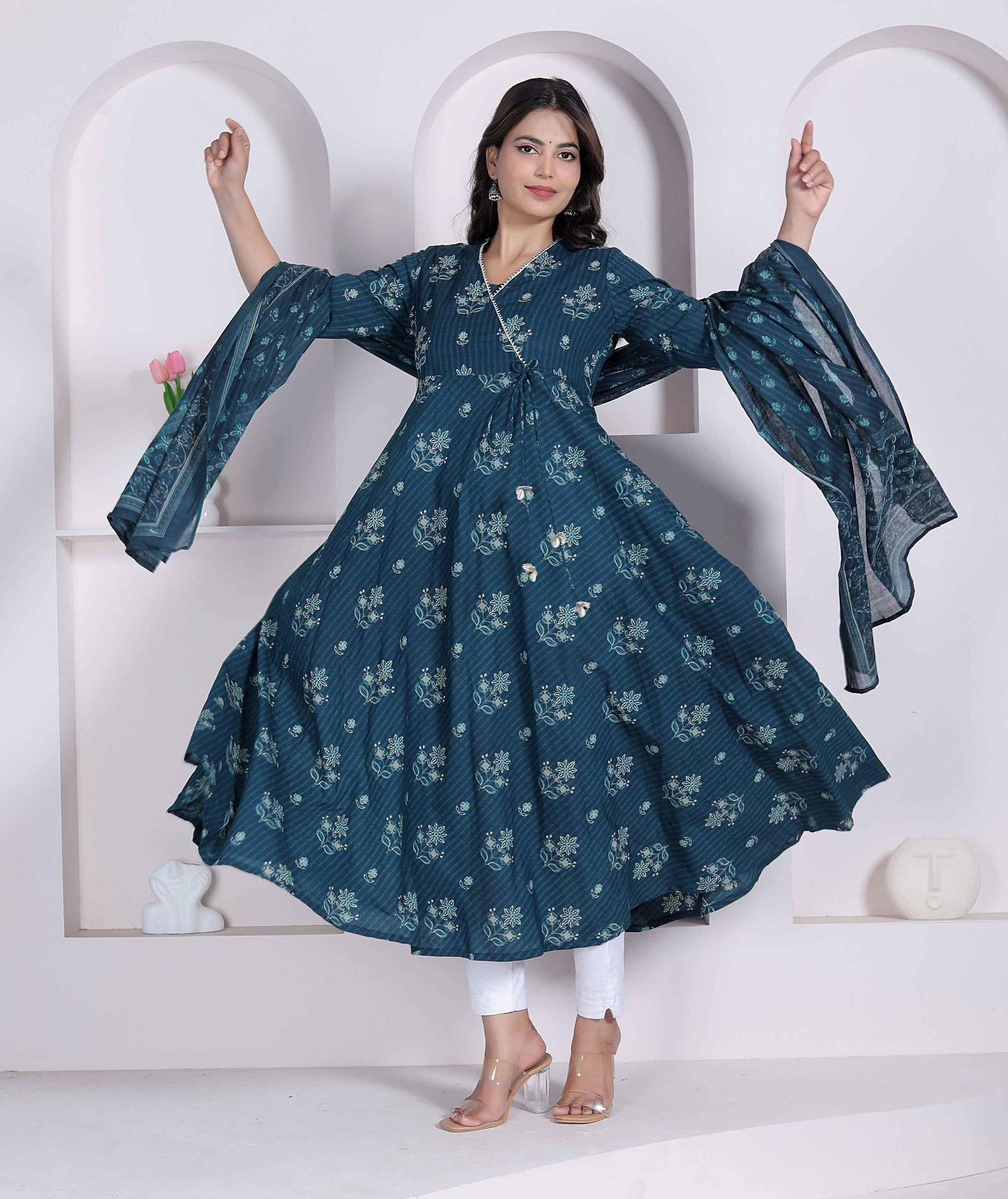 Miravan Womens Blue Floral Printed Angrakha Kurta With Dupatta
