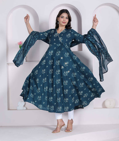 Miravan Womens Blue Floral Printed Angrakha Kurta With Dupatta
