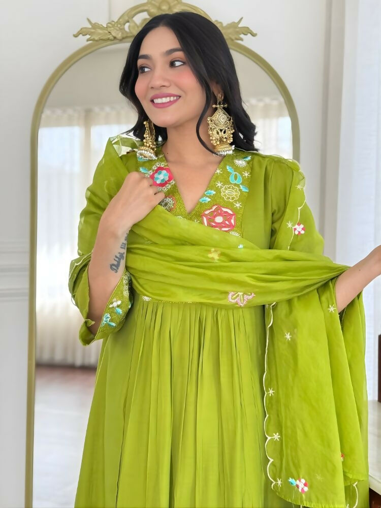 The52 Women's Beautiful Embroidery Work Viscose Silk Fabric Flared Kurta Pant and Dupatta Set