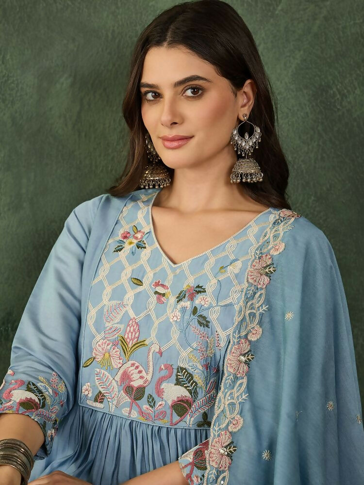 The52 Women's Beautiful Embroidery Work Silk Fabric Flared Kurta Pant and Dupatta Set