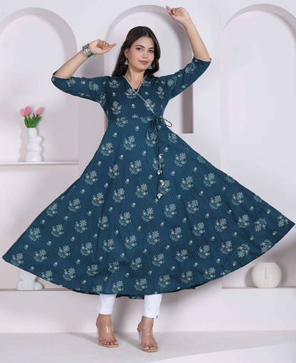 Miravan Womens Blue Ethnic Motifs Printed V-Neck Cotton Angrakha Kurta