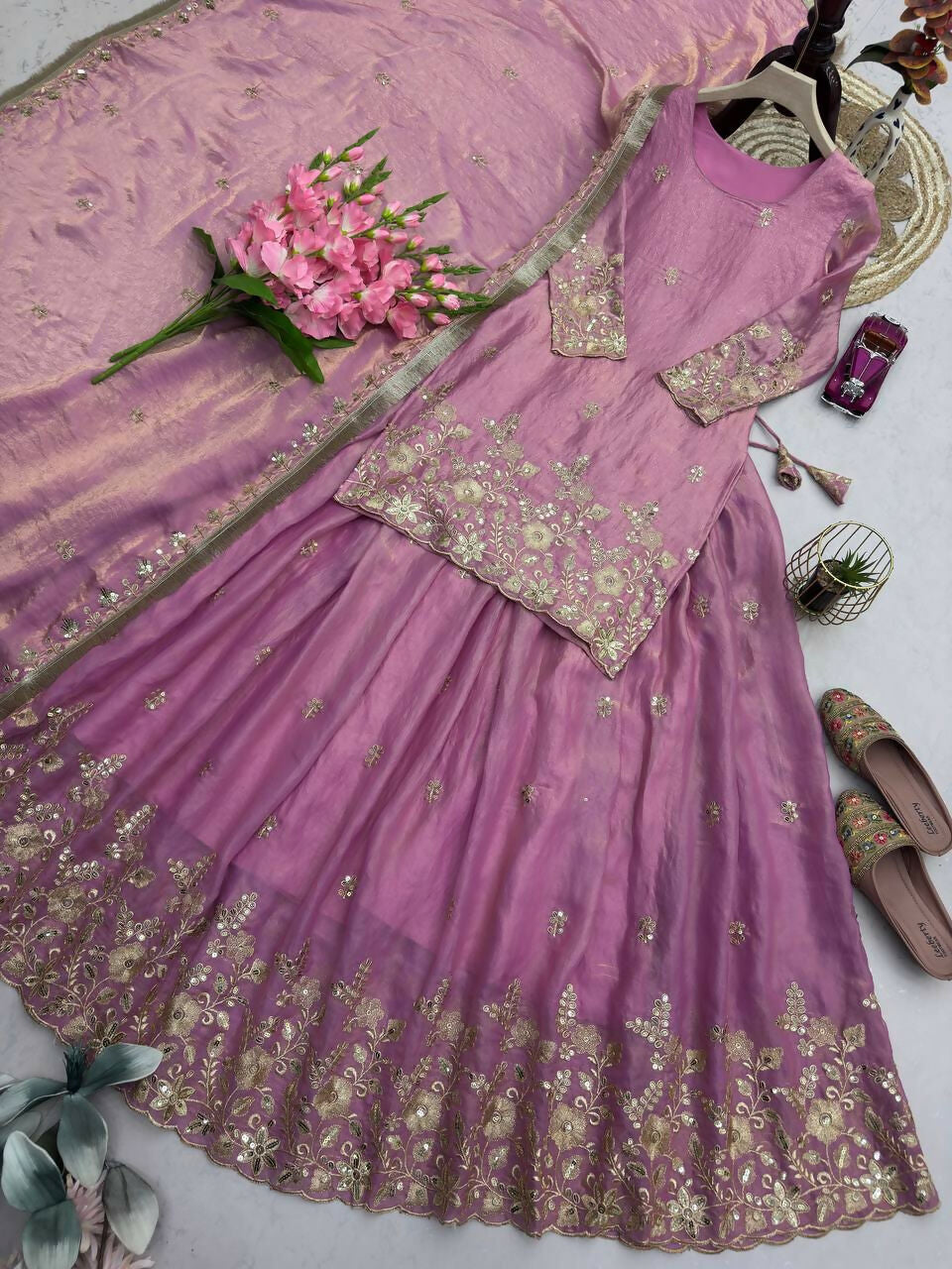 Teeya Creation Womens New Latest Heavy Embroidery Sequins Work Lehenga Set - Pink