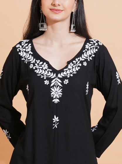 Pahnaz Luxury Rayon Chikankari Long Kurti-Black