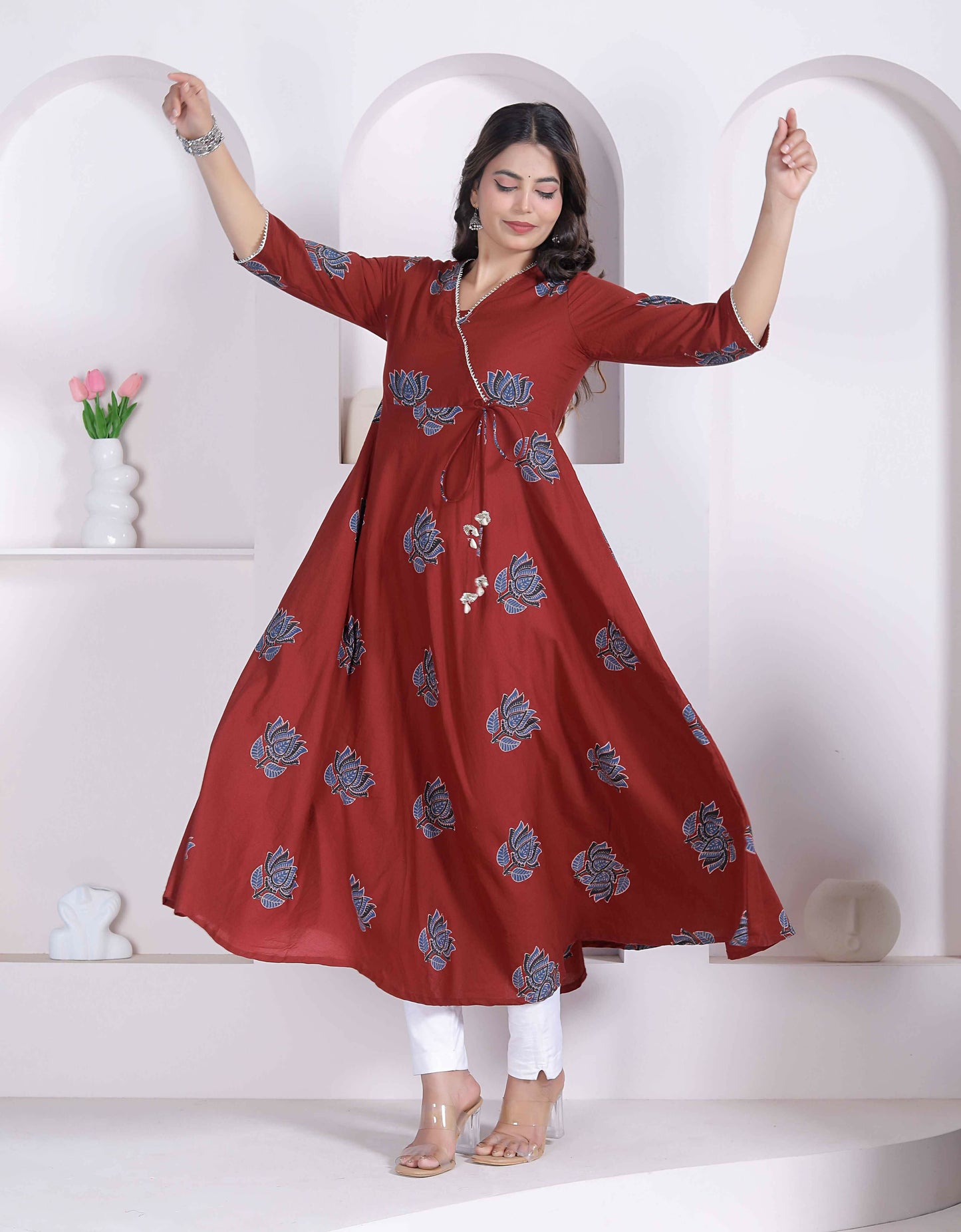Miravan Womens Rust Floral Printed Pure Cotton Gota Patti Angrakha Kurta