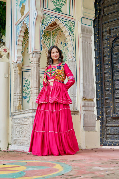 Teeya Creation Womens New Stylish Heavy Gamthi Work With Mirror Lace Work Pink Gown Set