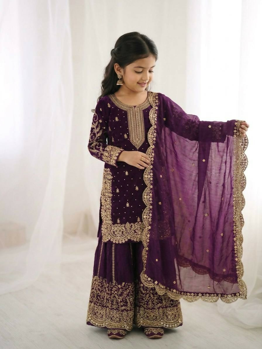 Teeya Creation Girls Heavy Embroidery Purple Ethnic Kurta And Palazzo Set With Net Dupatta