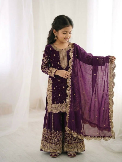 Teeya Creation Girls Heavy Embroidery Purple Ethnic Kurta And Palazzo Set With Net Dupatta