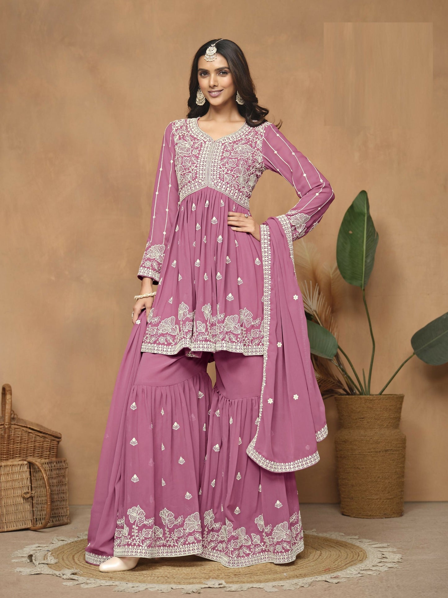 Anaita Pink Embroidered Faux Georgette Sharara Suit