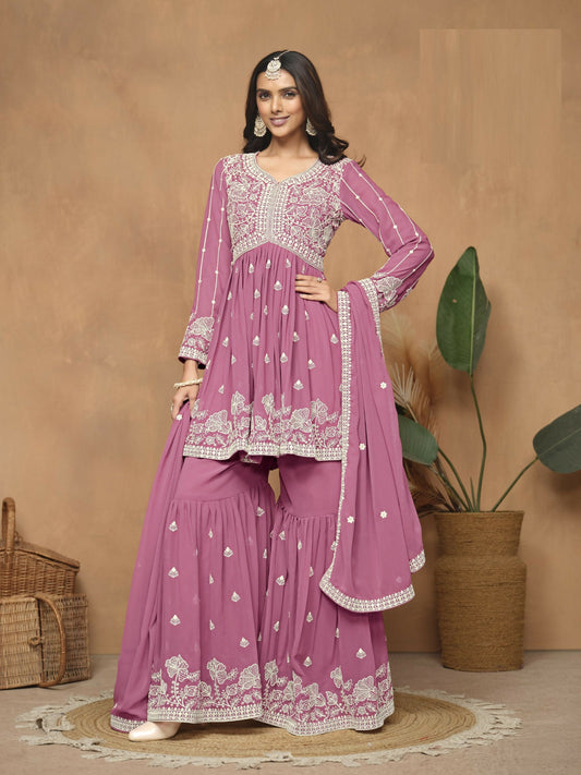 Anaita Pink Embroidered Faux Georgette Sharara Suit