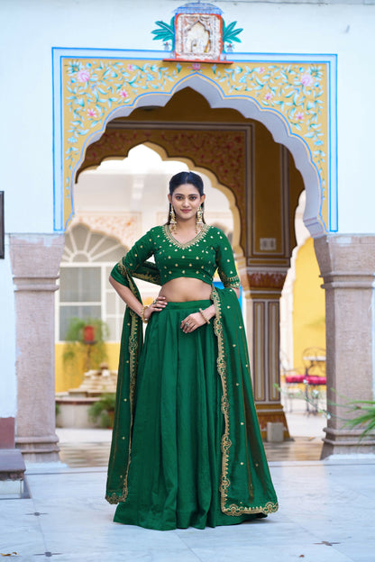 Lorenvalley Fashion Green NC Silk Plain Lehenga Embroidery Work Choli with Dupatta