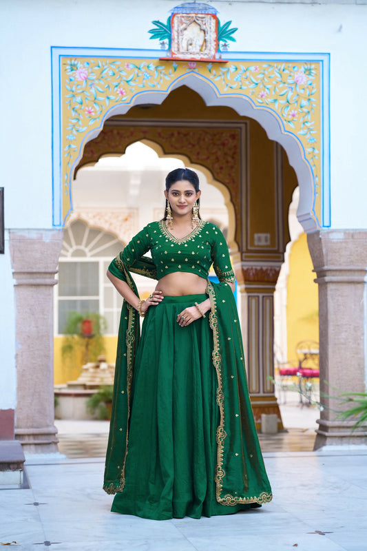 Lorenvalley Fashion Green NC Silk Plain Lehenga Embroidery Work Choli with Dupatta