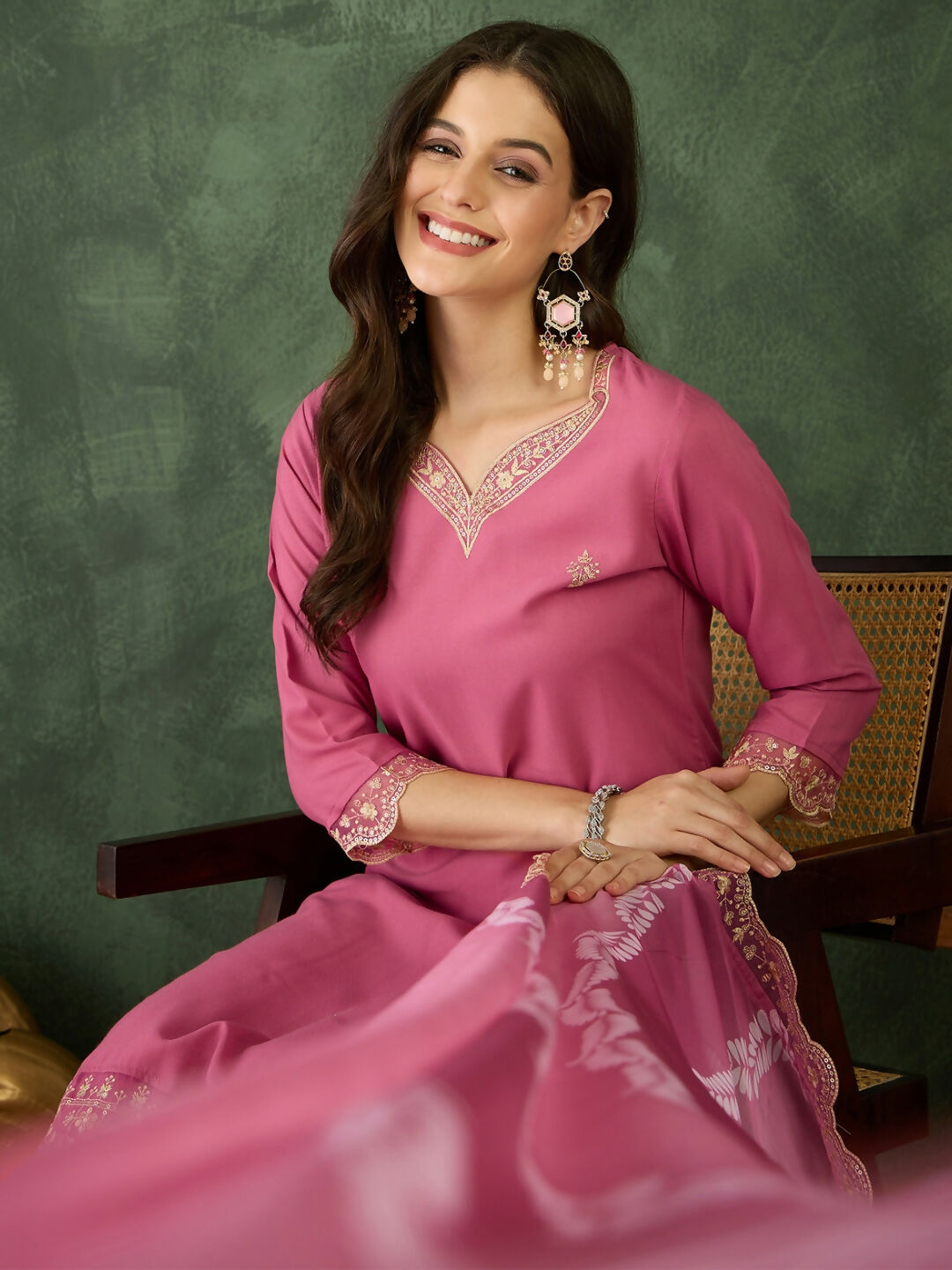 The52 Women's Beautiful Rayon Fabric Embroidery Work Straight Kurta Pant and Dupatta Set-Pink