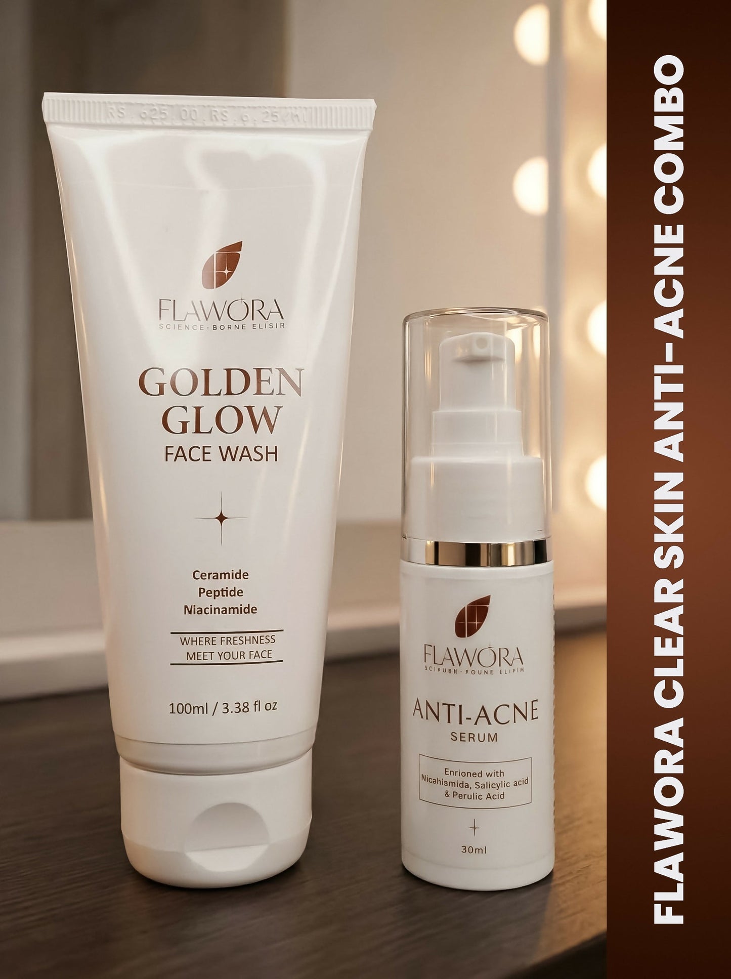 Flawora Set of Golden Glow Face Wash and Anti Acne Serum