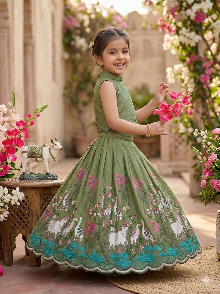 Teeya Creation New Girls Earthy Olive Green Pichwai Embroidered Lehenga Choli Set-Green
