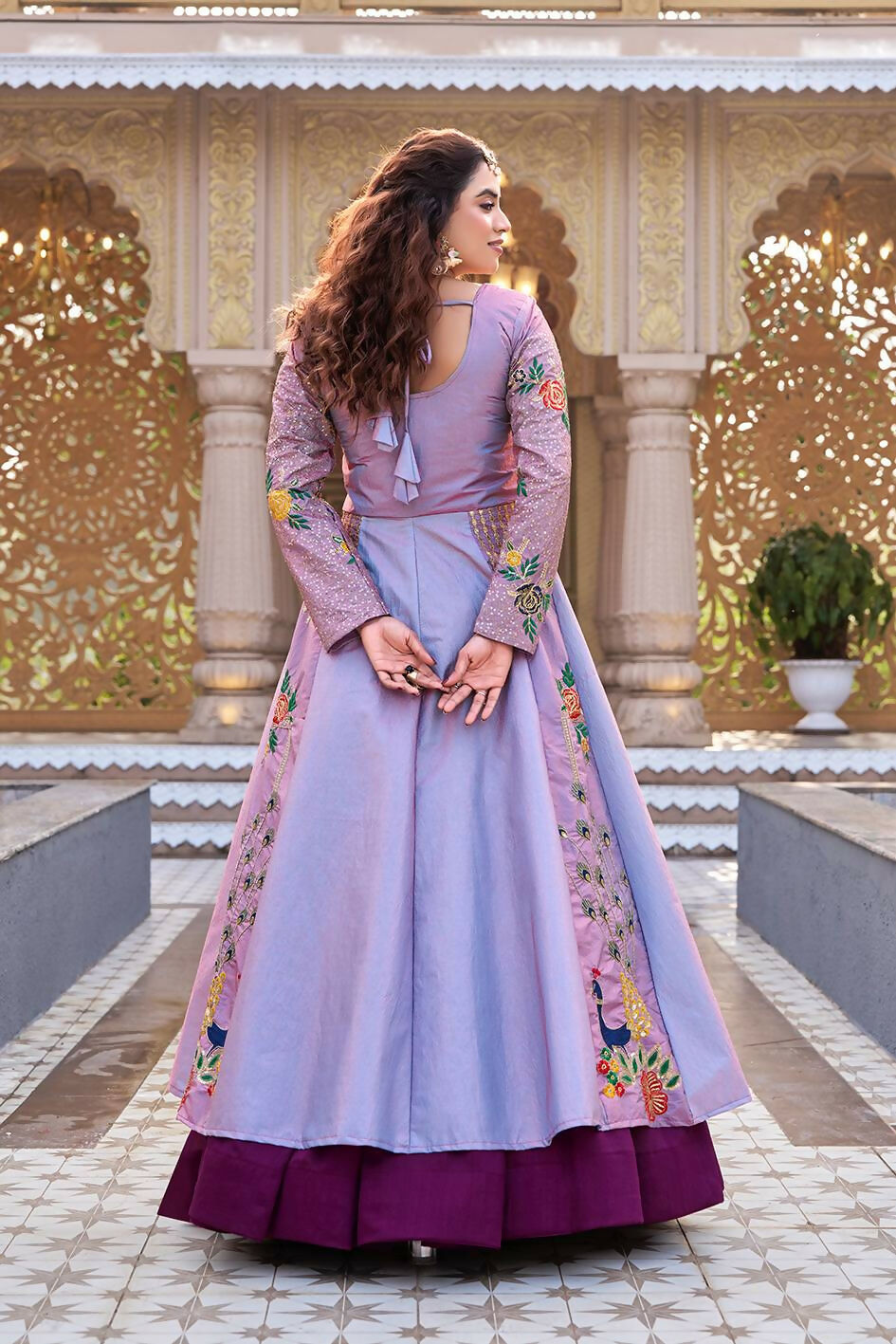 Teeya Creation Womens New Simply Wear Embroidery Sequence With Thread Work Lavender Gown Set