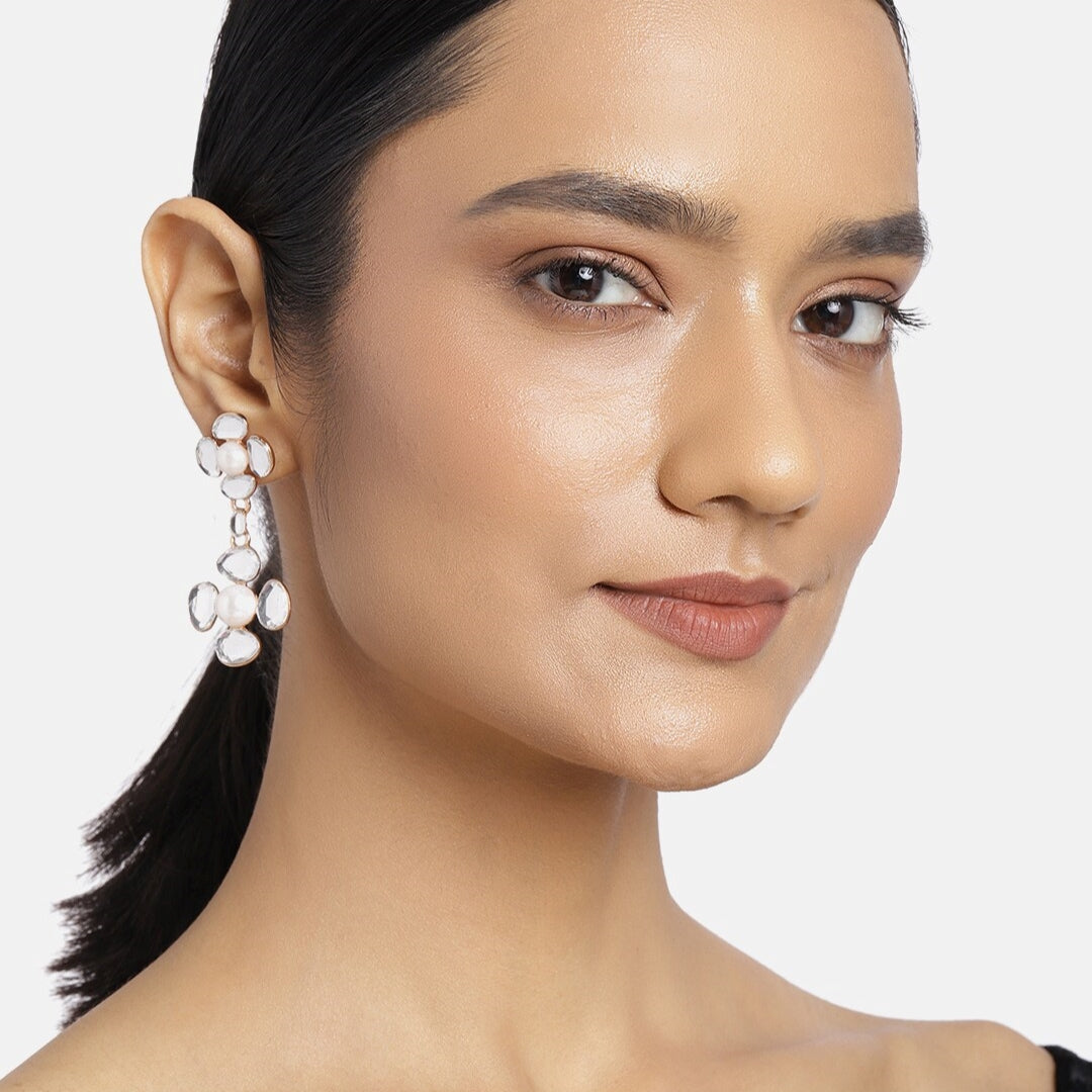 Estele Two Flower Kundan Drop Party Wear Earrings for Women