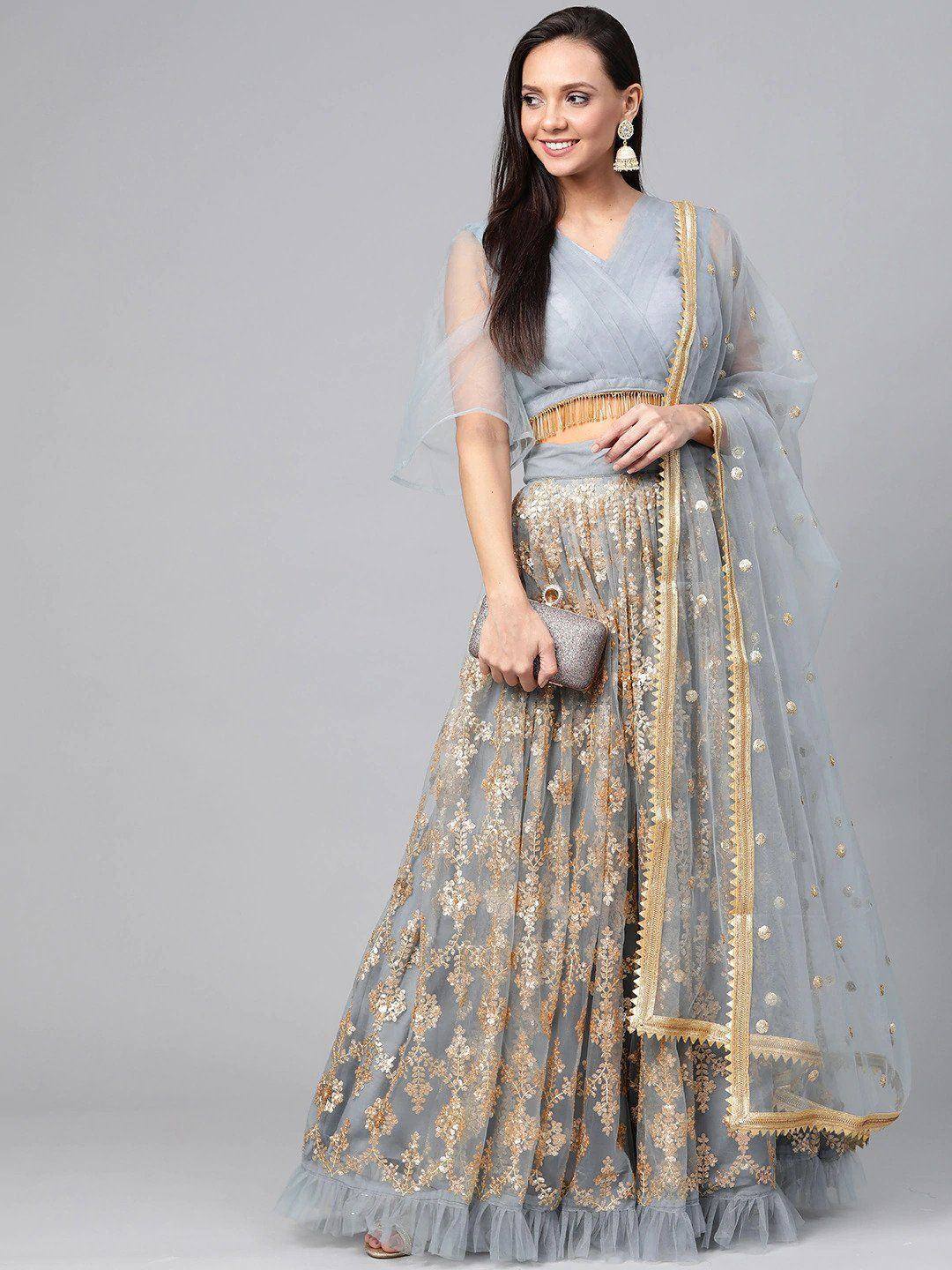 Tulsi Art Grey & Golden Semi-Stitched Embellished Myntra Lehenga & Unstitched Blouse With Dupatta