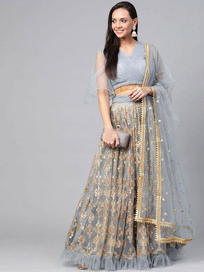 Tulsi Art Grey & Golden Semi-Stitched Embellished Myntra Lehenga & Unstitched Blouse With Dupatta