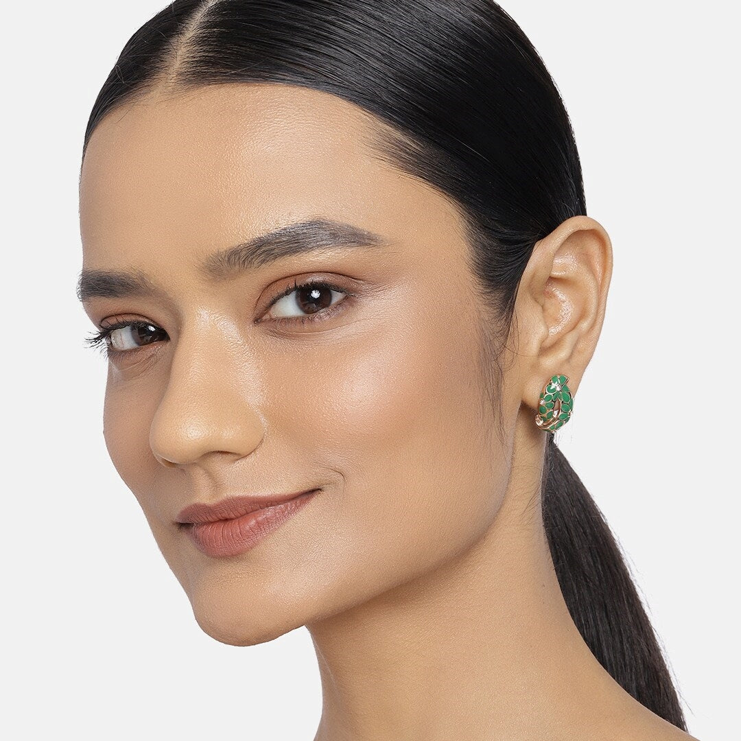 Estele ROSE Gold Plated Earrings With Green Coloured Flower Print For Women