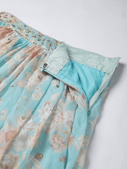 Tulsi Art Blue & Peach-Coloured Embellished Sequin Myntra Lehenga & Unstitched Blouse