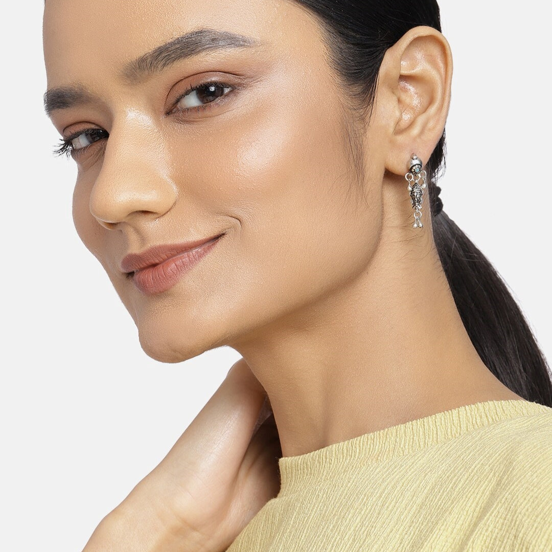 Estele Oxidized Silver Plated Antique Matsya Dangle Earrings for women