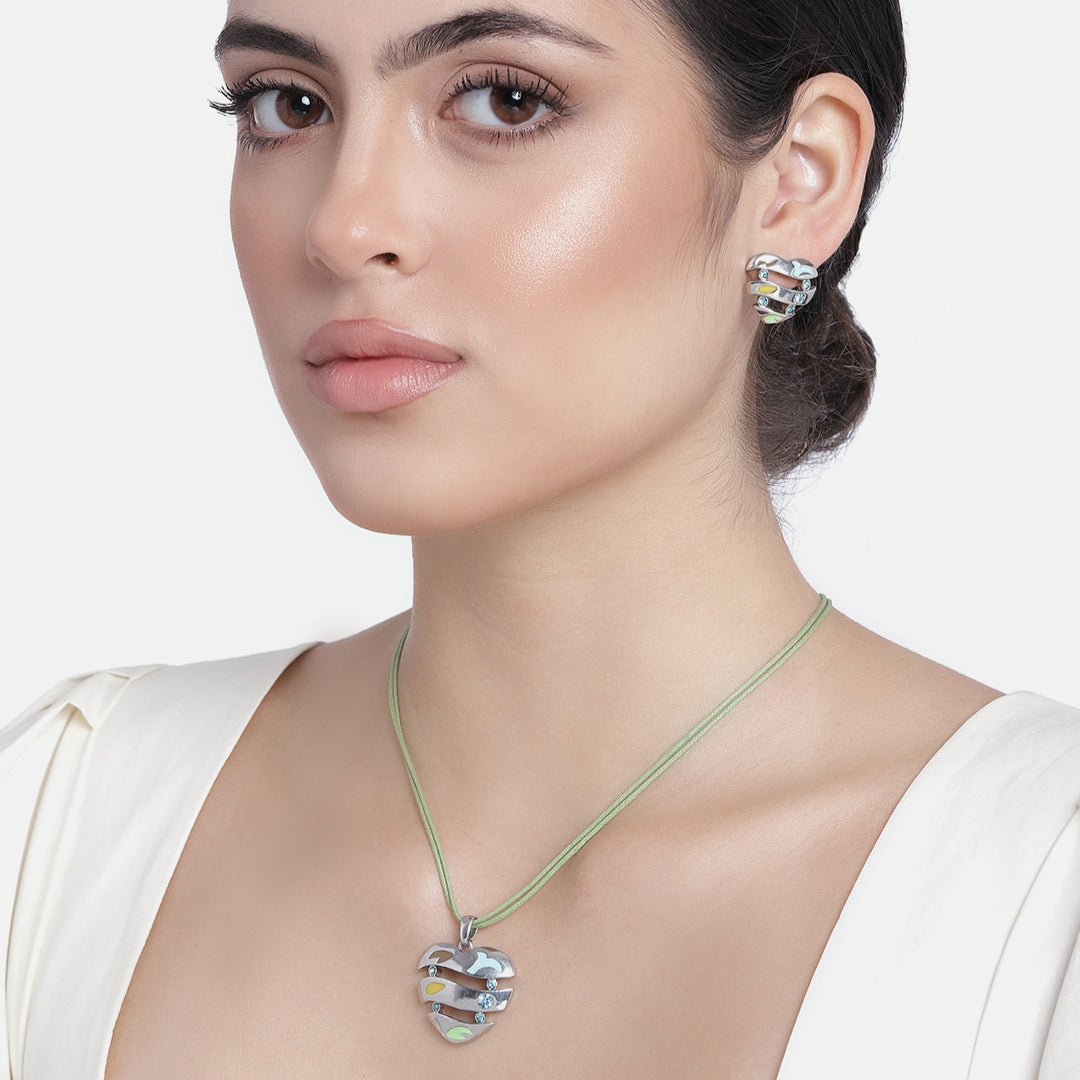 Estele Silver Plated Heart with Enamel and Austrian Crystal Necklace Set for Women