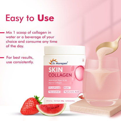 DR. Morepen Skin Collagen Powder with Glutathione, Hyaluronic Acid, Resveratrol & Biotin Strawberry Watermelon Flavour