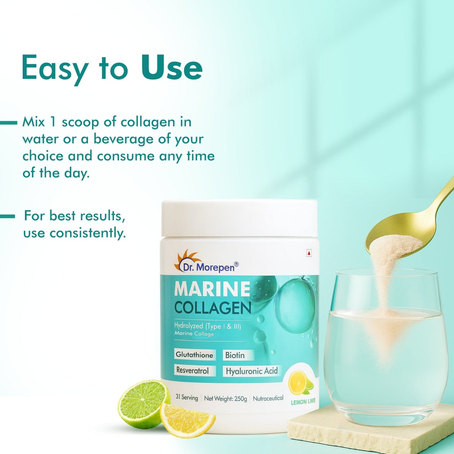 Dr. Morepan Marine Collagen Powder with Glutathione, Hyaluronic Acid, Resveratrol & Biotin Lemon Lime Flavour